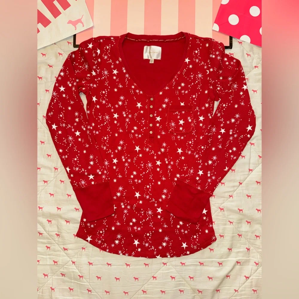VICTORIA’S SECRET VINTAGE Y2K THERMAL PJ PAJAMA SET HENLEY RED STARS RARE NWT M - Picture 2 of 11